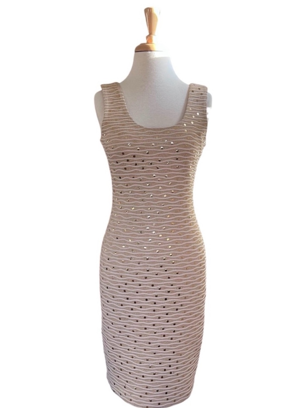 St. John Neutral Wave-Knit Studded Sleeveless Midi Dress